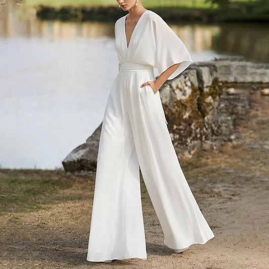 Elegant White V-Neck Jumpsuit for Women – Flowy and Comfortable